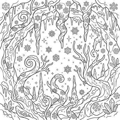 Explore a mesmerizing Helictites Winter Wonderland with this unique coloring page. Delicate snowflakes and shimmering ice adorn these gravity-defying cave formations, inviting you to add vibrant color to a frozen fantasy.