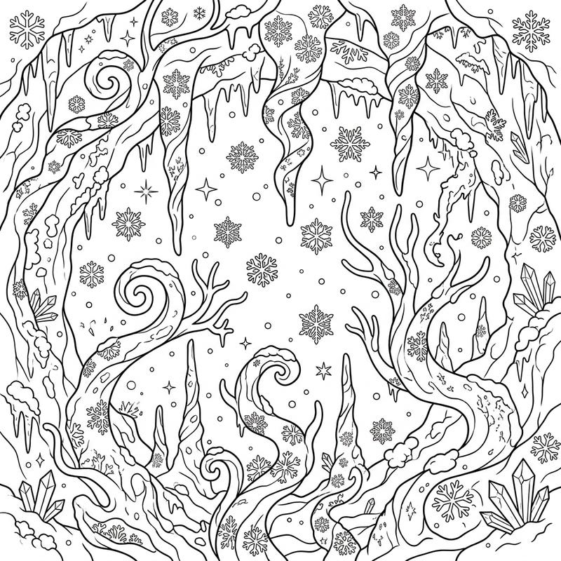 Explore a mesmerizing Helictites Winter Wonderland with this unique coloring page. Delicate snowflakes and shimmering ice adorn these gravity-defying cave formations, inviting you to add vibrant color to a frozen fantasy.