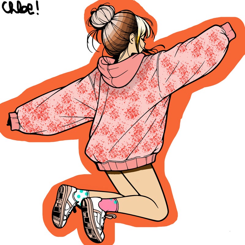 realistic girl jumping with a bun and oversized sweatshirt