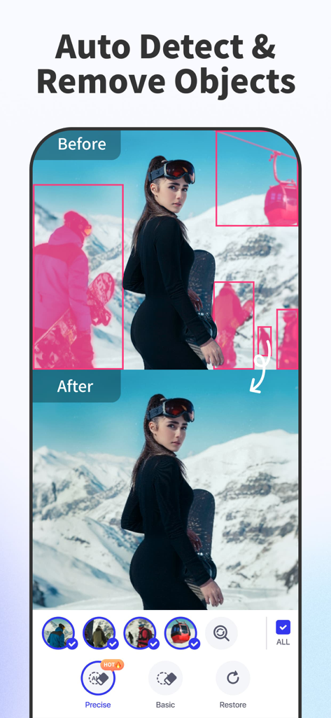 AI Background - Pokecut Studio - Before and after comparison of the AI object removal feature in the Pokecut app showing a woman on a snowy mountain