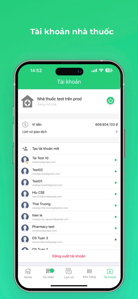 Medigo Đối Tác - Medigo Partner app screen showing pharmacy account details wallet balance and staff list