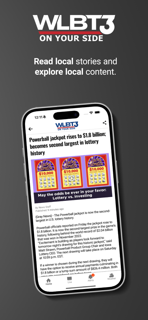 WLBT 3 On Your Side - WLBT 3 On Your Side news app displaying a local news article about the Powerball jackpot on a smartphone