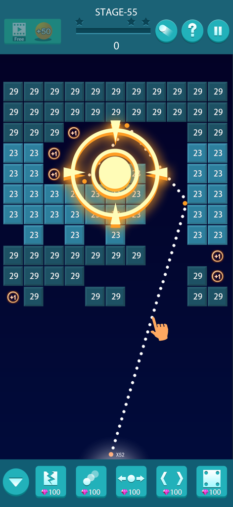 Bricks and Balls : Brick Game - Gameplay screenshot of Bricks and Balls showing the aiming trajectory to hit numbered blue bricks