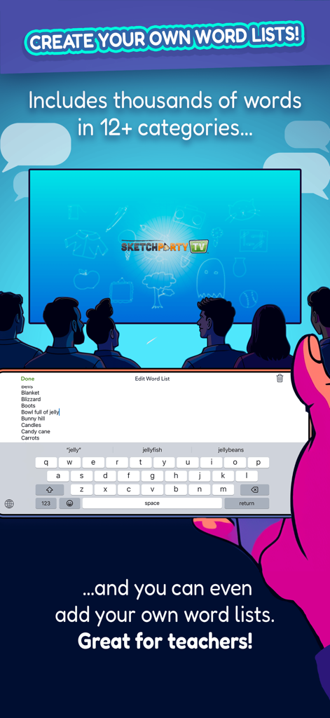 SketchParty TV - User creating a custom word list on an iPad for SketchParty TV