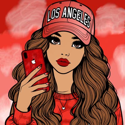 realistic beautiful girl wearing los ángeles cap holding an iphone