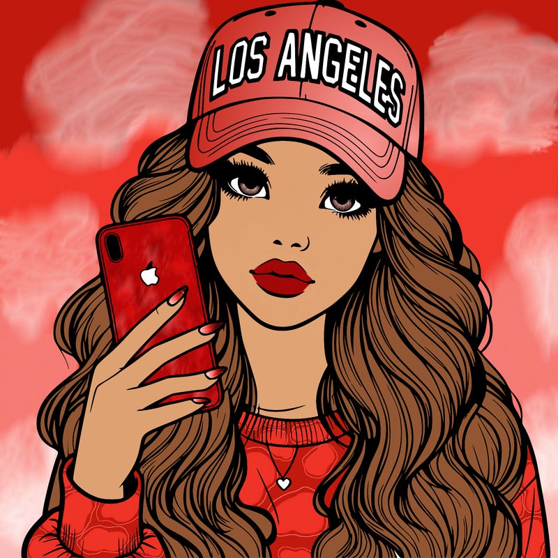 realistic beautiful girl wearing los ángeles cap holding an iphone