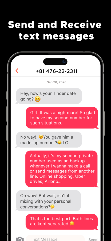 Change Phone Number by Numbr - Captura de pantalla del iPhone de la aplicación Numbr que muestra una conversación de mensajes de texto sobre el uso de un segundo número de teléfono privado para citas y seguridad en línea
