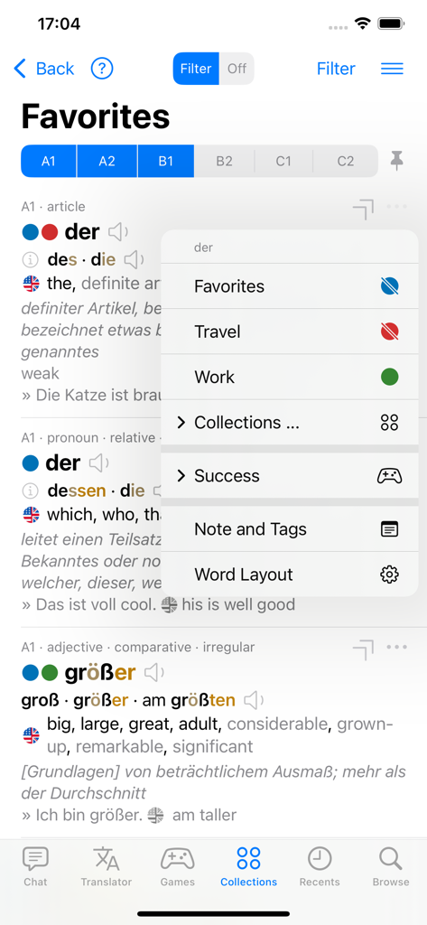 Nouns German Dictionary - Favorites screen showing German vocabulary categories and organization options