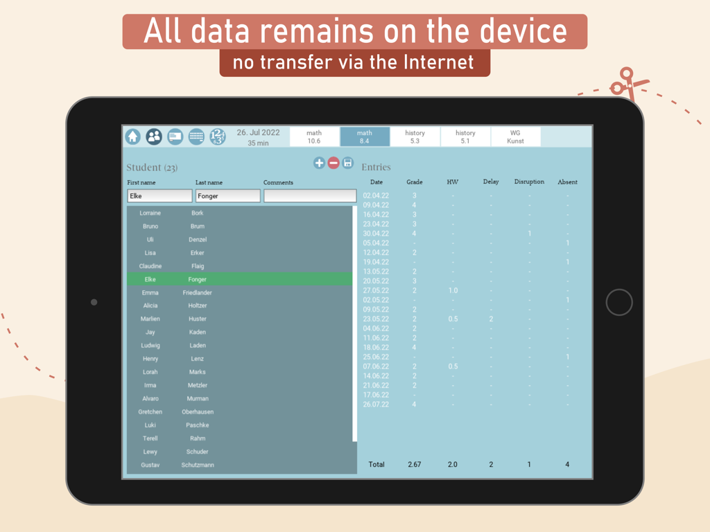 Teachers EasyNote - Teachers EasyNote iPad app screen showing student grade records and behavioral entries with a privacy banner stating all data remains on the device.