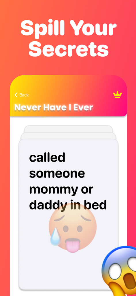 Exposed - Never Have I Ever - Exposed Never Have I Ever mobile app screenshot displaying a naughty party game question