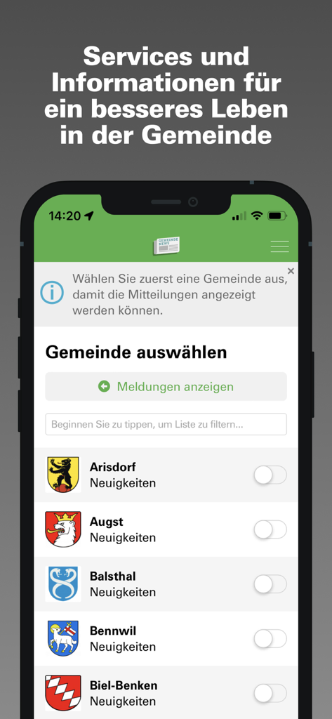Smartphone screen of the Gemeinde-News app showing a list of Swiss municipalities with their coats of arms for news selection.