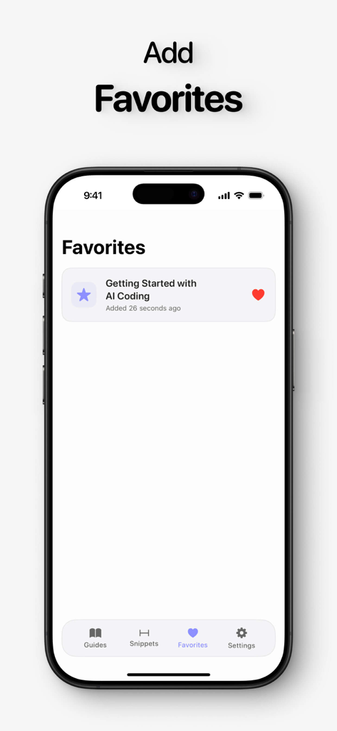 Rork Vibecode Guide - A screenshot of the Rork Vibecode Guide app showing the Favorites interface with a saved guide for AI coding.