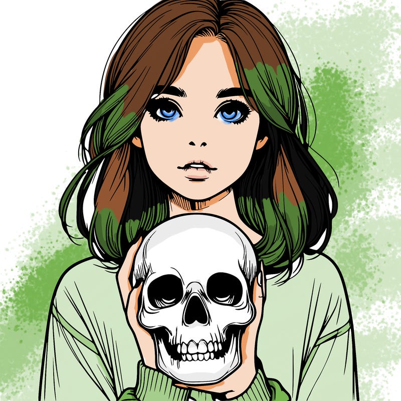 realistic girl holding a skull