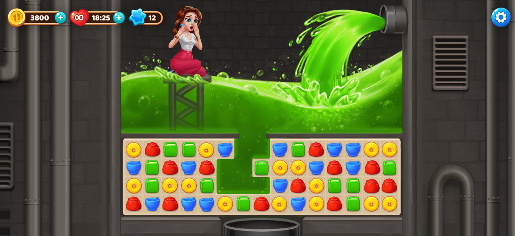 Character Meg trapped above green liquid in a match 3 puzzle level