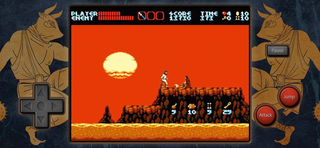 Jugabilidad de plataformas de acción retro de 8 bits de The Curse of Issyos mostrando al protagonista pescador en un acantilado al atardecer