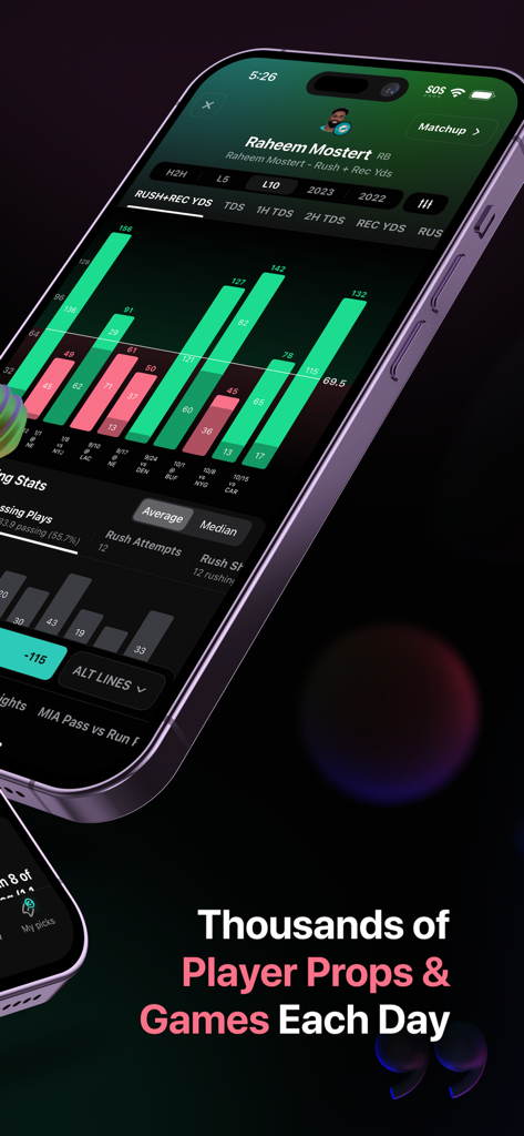 Outlier app screen showing player prop statistics and historical performance charts for sports betting.