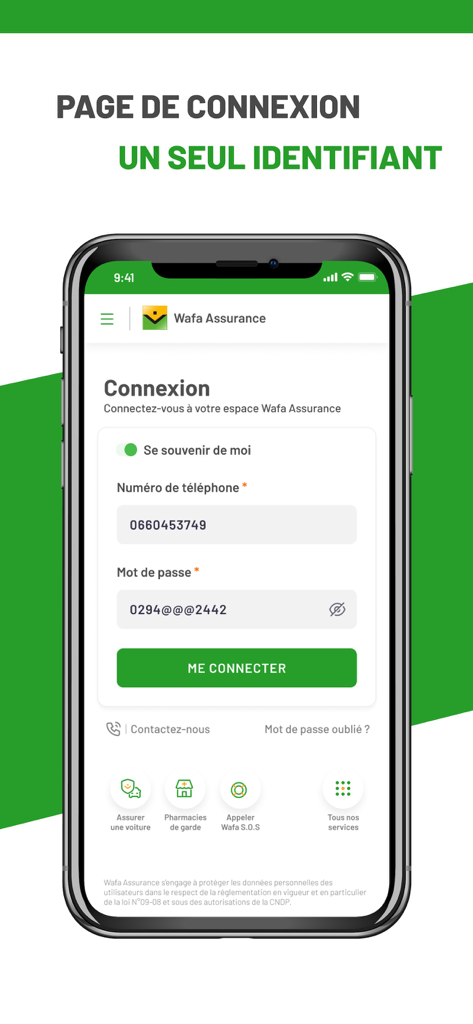 Login screen of the My Wafa Assur mobile application showing phone number and password fields.