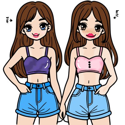 two sisters with crop tops and jean shorts and straight hair