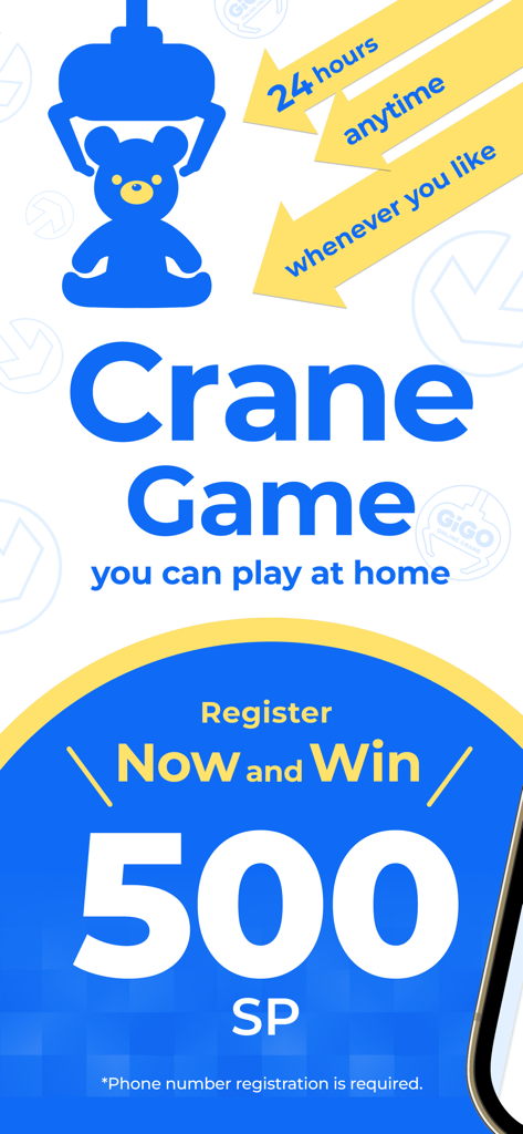 GiGO ONLINE CRANE ギゴクレ - GiGO Online Crane Game promotional screen showing a 500 SP bonus for new players to play at home anytime