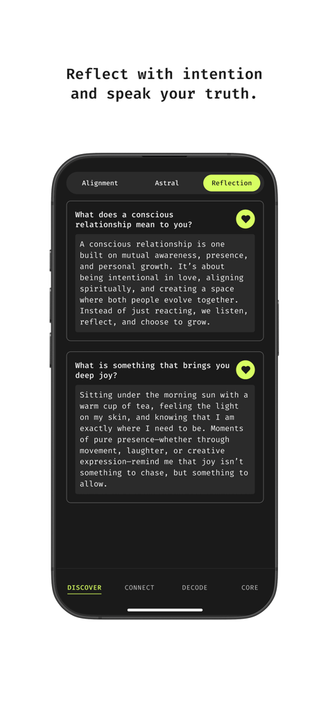Sacrena - Sacrena app reflection screen displaying journal prompts for conscious relationships and personal joy.