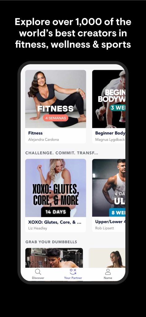 Playbook app discover page featuring fitness and wellness programs from various world class creators