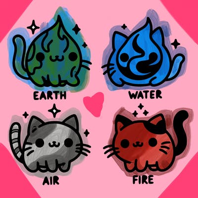 4 cats that represent the different elements, earth, water, air, and fire