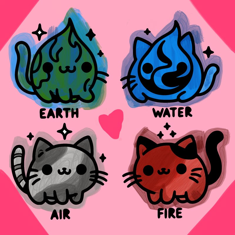 4 cats that represent the different elements, earth, water, air, and fire