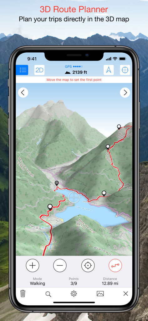 Maps 3D PRO - Hike & Bike - Maps 3D PRO app screenshot showing a hiking route planned on a 3D terrain map