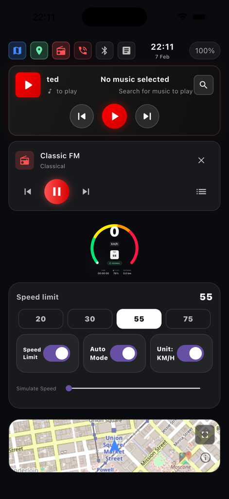 GPS Speedometer Tracker Free - A digital dashboard for the GPS Speedometer Tracker app displaying a speed gauge music controls speed limit settings and a mini map in dark mode.