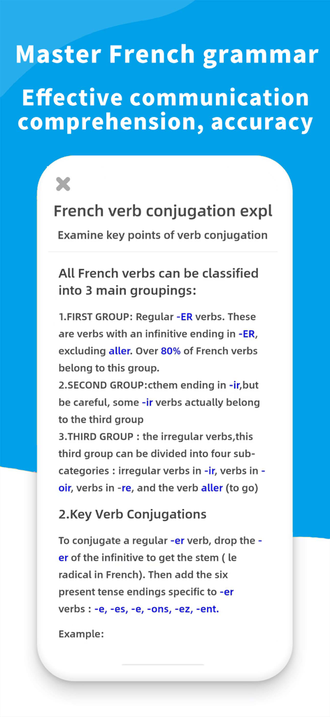 Learn French- For Beginners - Pantalla de lección que explica los grupos de conjugación de verbos franceses y las terminaciones de los verbos regulares
