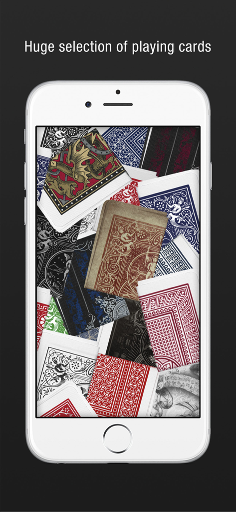 Card2Phone - Smartphone screen displaying a diverse collection of playing card back designs for magic tricks