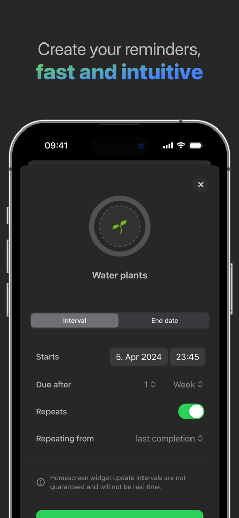 Reminder Widget by Mindr - Mindr 앱 인터페이스에서 식물 물주기에 대한 반복 미리 알림 생성 표시