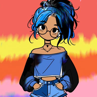 girl with a messy ponytail glasses a baggy crop top and jean shorts