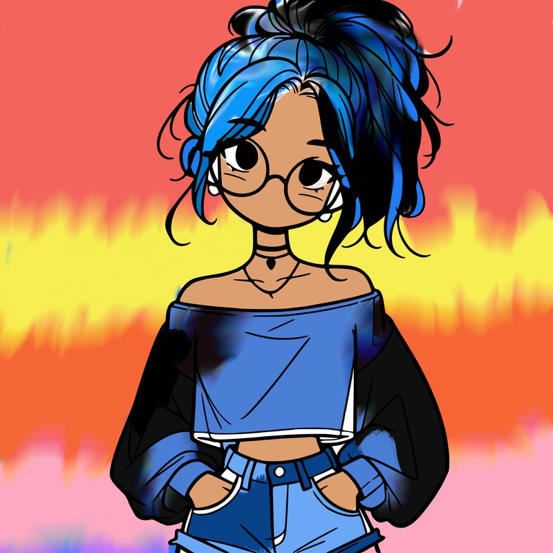 girl with a messy ponytail glasses a baggy crop top and jean shorts