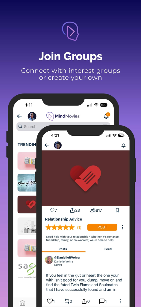 Interface of the Mind Movies app showing community groups and relationship advice posts.