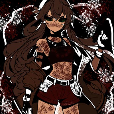 bad girl wearing crop top holding a gun long hair anime