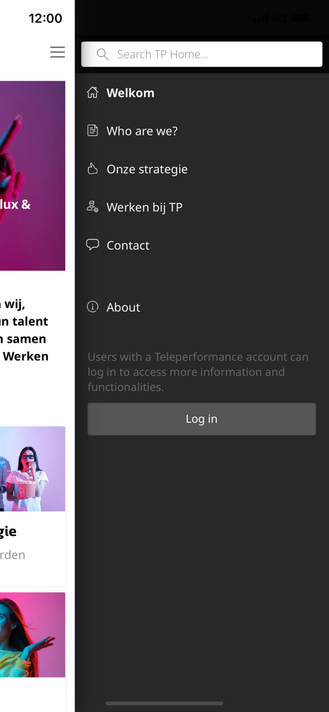 TP Home - The navigation sidebar of the TP Home app for Teleperformance employees