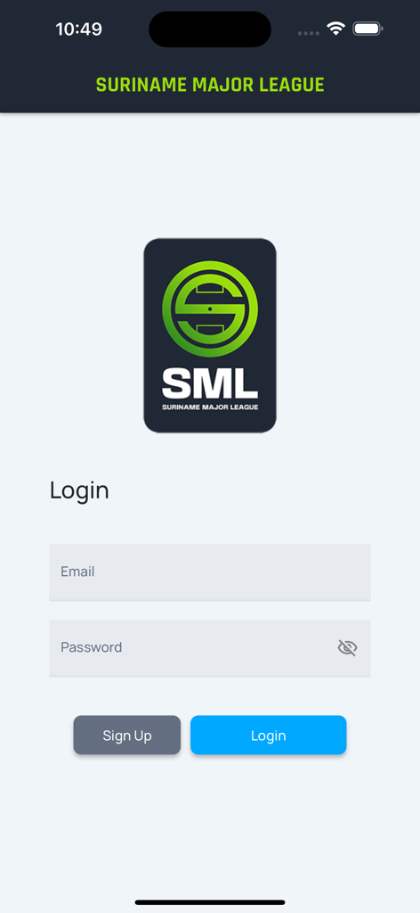 SML Manager - Login screen of the SML Manager app for Suriname Major League soccer management
