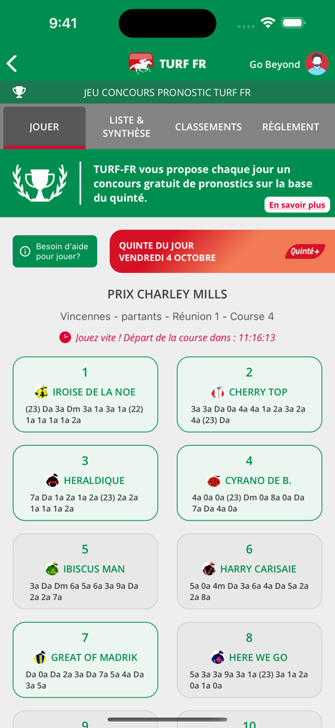 Interface de l'application TURF FR montrant les partants des courses hippiques et les pronostics de paris pour le Quinté du Jour