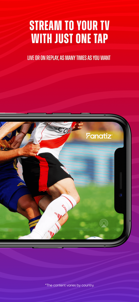 Fanatiz - Aplicación móvil de Fanatiz mostrando un partido de fútbol en vivo con texto que promociona la transmisión a la TV con un solo toque.