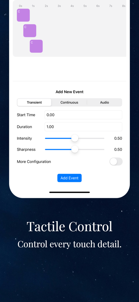 HapticCode - HapticCode mobile app interface for editing haptic event parameters like intensity and sharpness