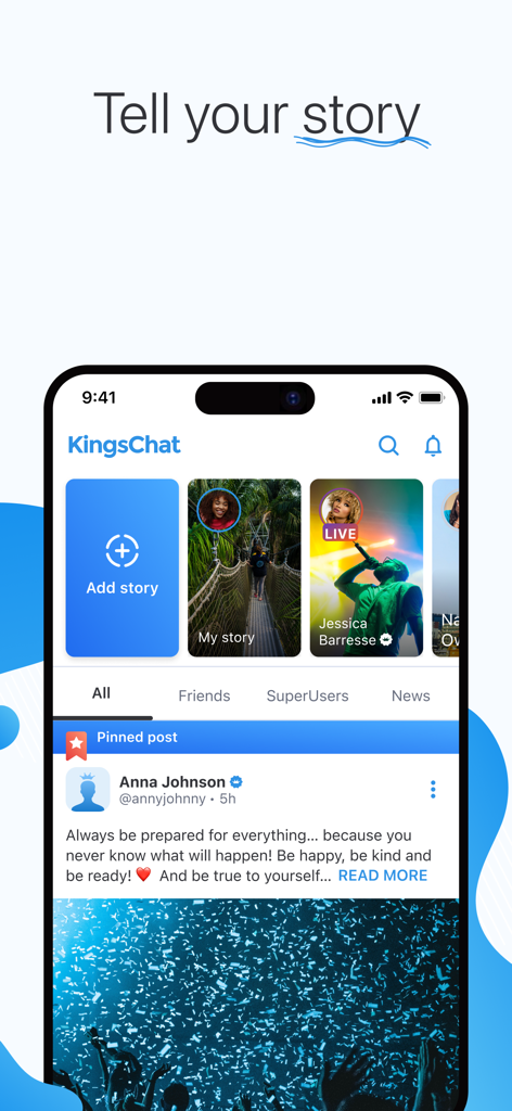 KingsChat app interface showing user stories and a social media timeline with a pinned post