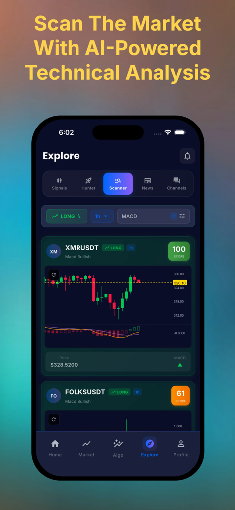 Sindex AI: Crypto Signal Alert - Interface de l'application Sindex AI montrant un scanner de marché crypto avec des graphiques d'analyse technique et des scores de trading.