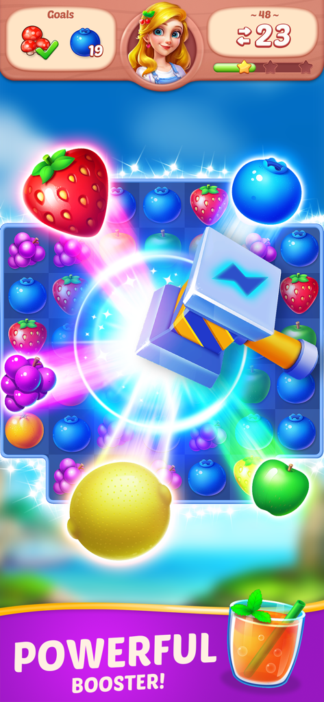 A colorful match-3 puzzle grid in Fruit Diary with a bright glowing lightning hammer booster