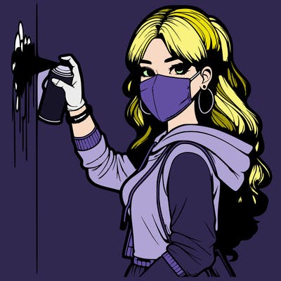 realistic girl with mask spray painting a wall