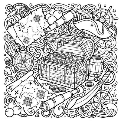 Set sail on a creative voyage with this intricate coloring page showcasing a bounty of pirate artifacts and relics. Dive into a world of hidden treasures, ancient maps, and seafaring tools, perfect for coloring enthusiasts of all ages.