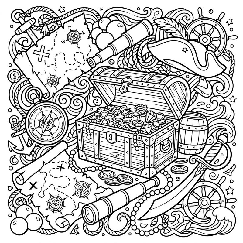 Set sail on a creative voyage with this intricate coloring page showcasing a bounty of pirate artifacts and relics. Dive into a world of hidden treasures, ancient maps, and seafaring tools, perfect for coloring enthusiasts of all ages.