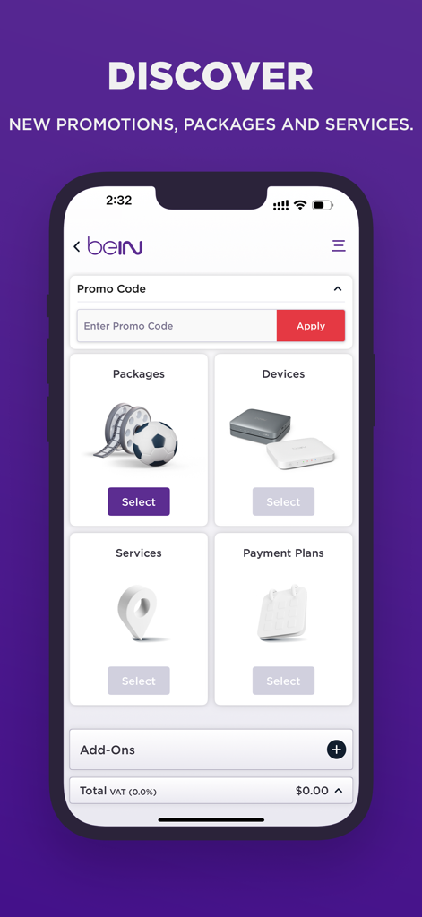 beIN - パッケージ、デバイス、サービス、支払いプランのセクションを表示するbeINアプリのインターフェース