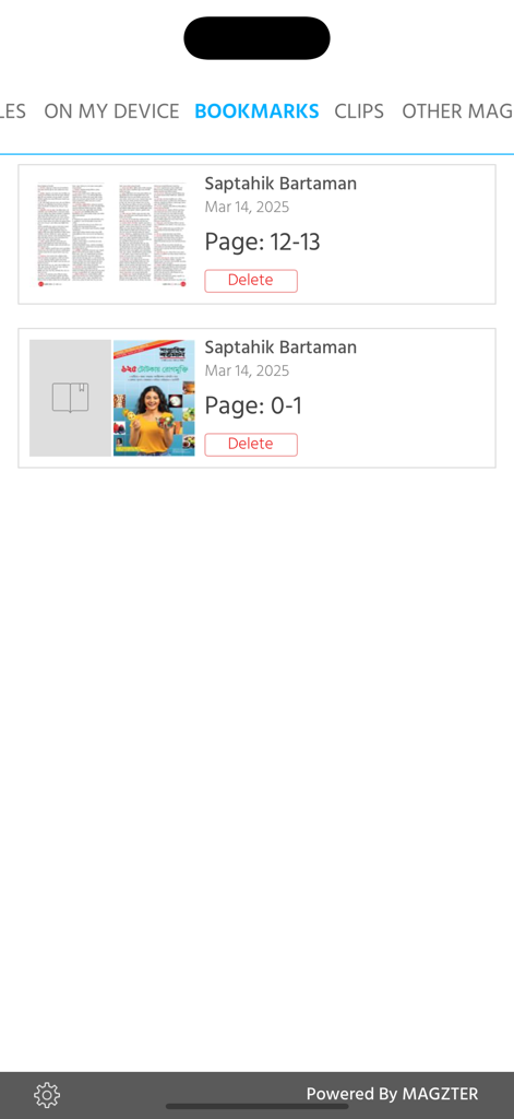 Saptahik Bartaman - Digital bookmarks screen in the Saptahik Bartaman app showing saved magazine pages