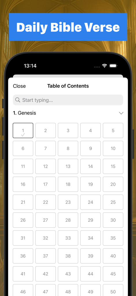 HOLY BIBLE - Any Version - Interfaz de la aplicación Santa Biblia mostrando la selección de capítulos para el libro de Génesis